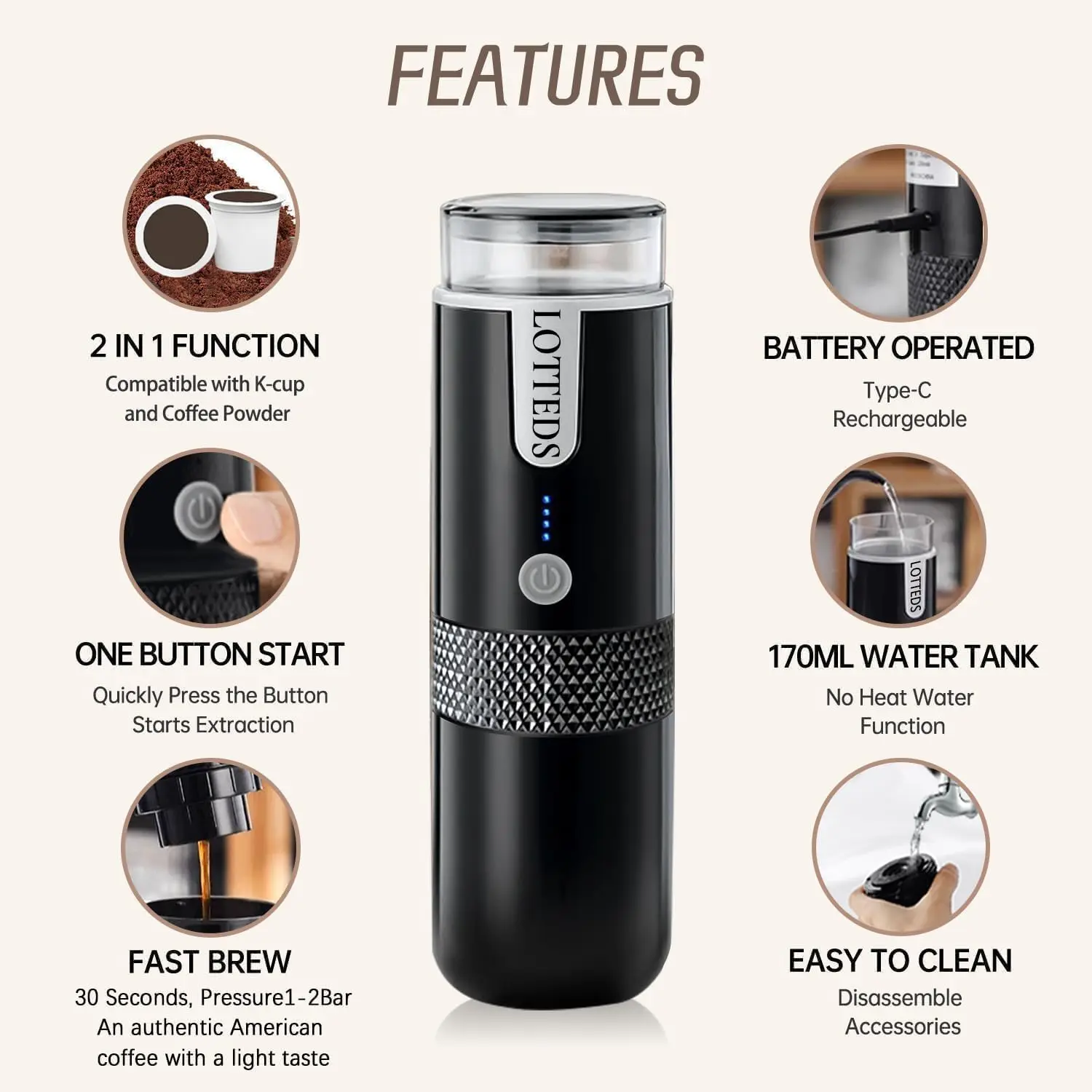 Portable American Coffee Maker, Electric Travel Coffee Machine Non-Heating Compatible with K Cup Capsules & Ground Coffee with U - Image 2