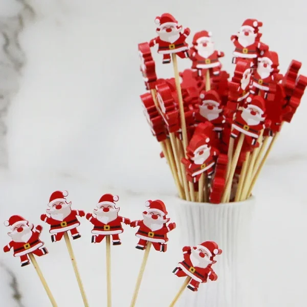 Santa Claus Bamboo Skewers Wooden Disposable Christmas Toothpick Kitchen Accessories Dessert Fruit Party - Image 3