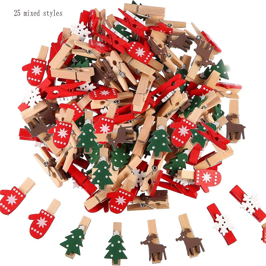 Mixed Styles Christmas Wood Clips Christmas Tree Photo Clips Elk Gloves Snowflake Clothespins DIY Photo Pegs for New Year