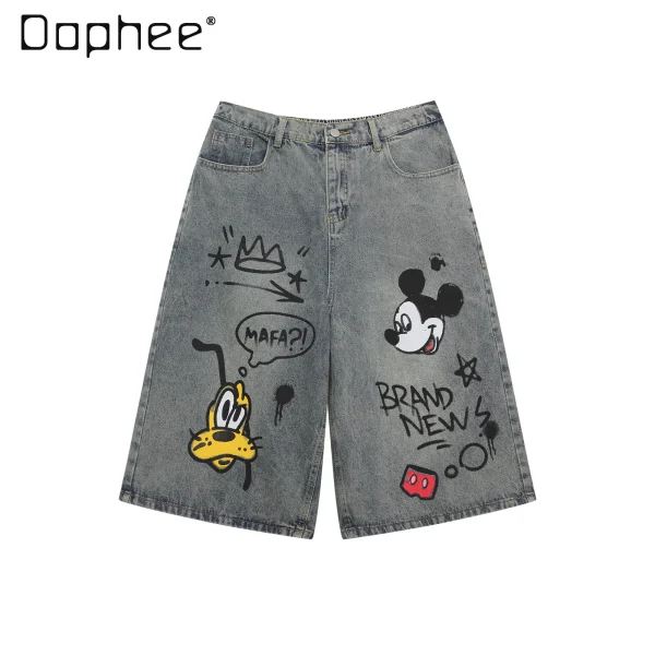 American High Street Retro Washed Cartoon Print Seven-point Jeans Women Summer Couple Straight Loose Wide-leg Trousers