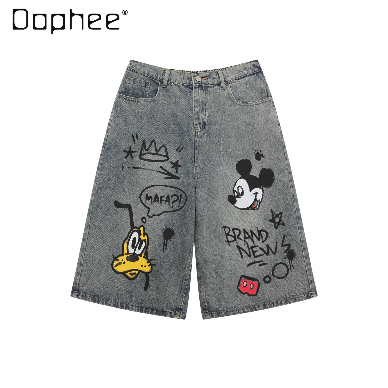 American High Street Retro Washed Cartoon Print Seven-point Jeans Women Summer Couple Straight Loose Wide-leg Trousers