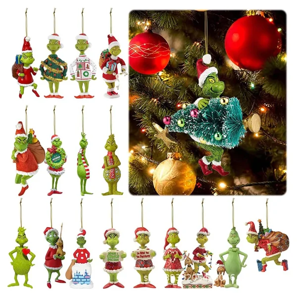 18Pcs 2D Acrylic Cute Green Monsters Christmas Tree Pendants Christmas Cartoon Ornaments Christmas Party Supplies - Image 3