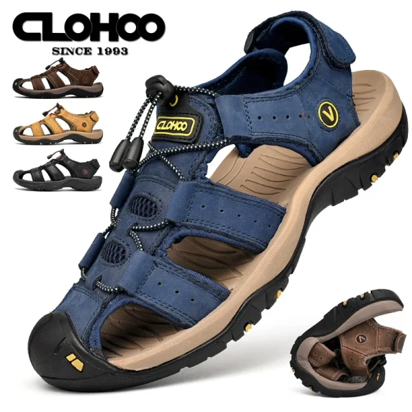 CLOHOO Men's Sandals Handmade Thick Bottom Rubber Breathable Casual Slip-On Beach Shoes Leather Upgraded Version - Image 4