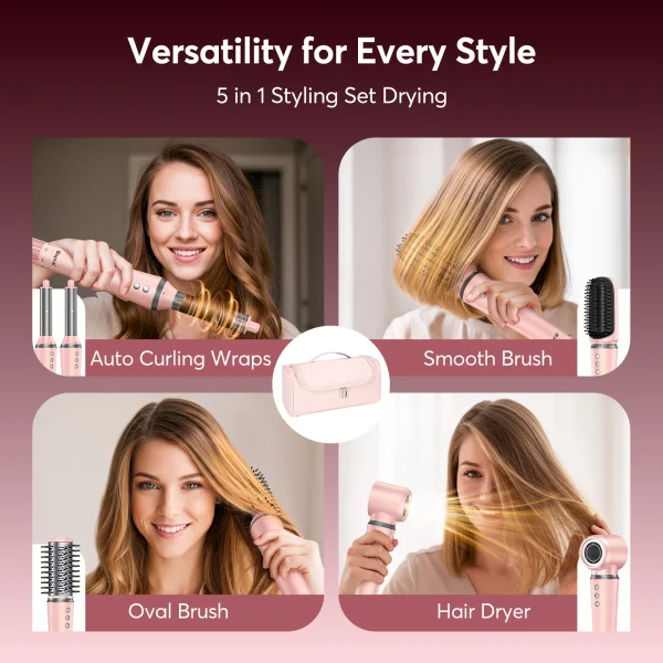 5 in 1 High-Speed Hot Air Styler Frizz-Free Fast Drying No Heat Damage Hair Dryer Curl Volumize Straighten with Travel Bag - Image 2
