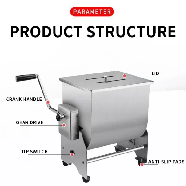 10KG Capacity Tilt Tank Manual Meat Mixers Side-turn dough mixer Manual dough mixer Stainless steel food mixer - Image 3
