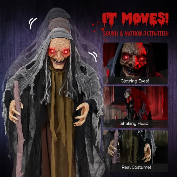 5.3FT Halloween Outdoor Spooky Decoration Talking Witch with Cane Glowing Eyes - Image 2