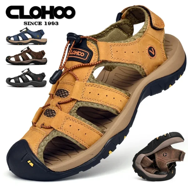 CLOHOO Men's Sandals Handmade Thick Bottom Rubber Breathable Casual Slip-On Beach Shoes Leather Upgraded Version - Image 3