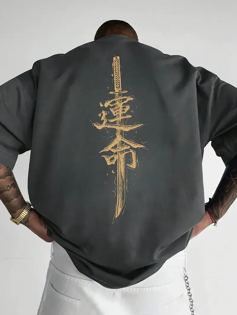 A men's short sleeved T-shirt made of pure cotton with a Japanese samurai sword pattern printed on it, regular style, fashionabl - Image 5