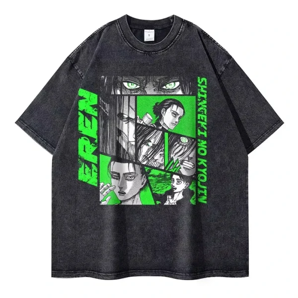 Eren Jaeger 2D T-shirts Vintage Washed Anime T-Titan A-Attack T Shirt Manga Shingeki no Kyojin Levi Mikasa Short Sleeve Tops - Image 3