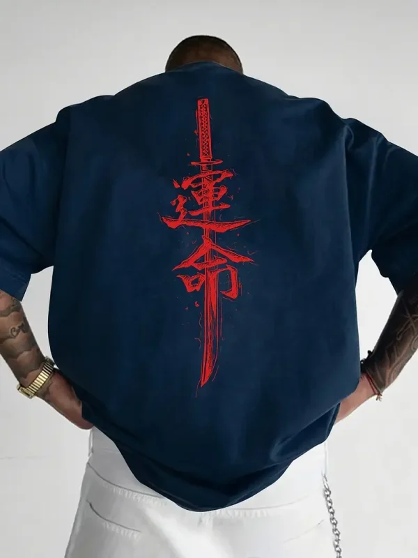 A men's short sleeved T-shirt made of pure cotton with a Japanese samurai sword pattern printed on it, regular style, fashionabl - Image 3
