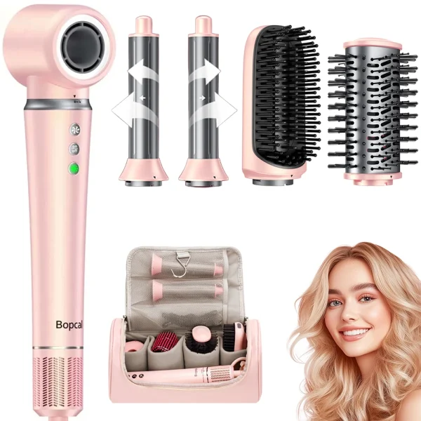 5 in 1 High-Speed Hot Air Styler Frizz-Free Fast Drying No Heat Damage Hair Dryer Curl Volumize Straighten with Travel Bag