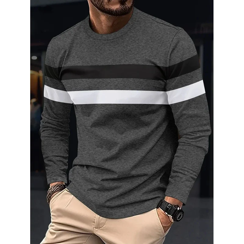 2025 Spring and Autumn Fashion Men's Long Sleeve Round Neck Splicing T-shirt Business Anti Wrinkle Street Wear Casual Top - Image 2