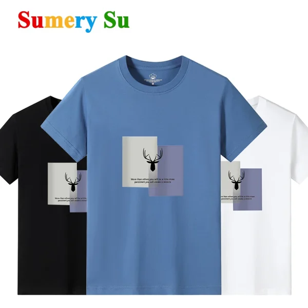 Cotton T Shirts Men Short New Deer Head Print O-Neck Slim T-Shirt Male Clothing Casual Tee Shirt 18 Colors Plus Size M-6XL