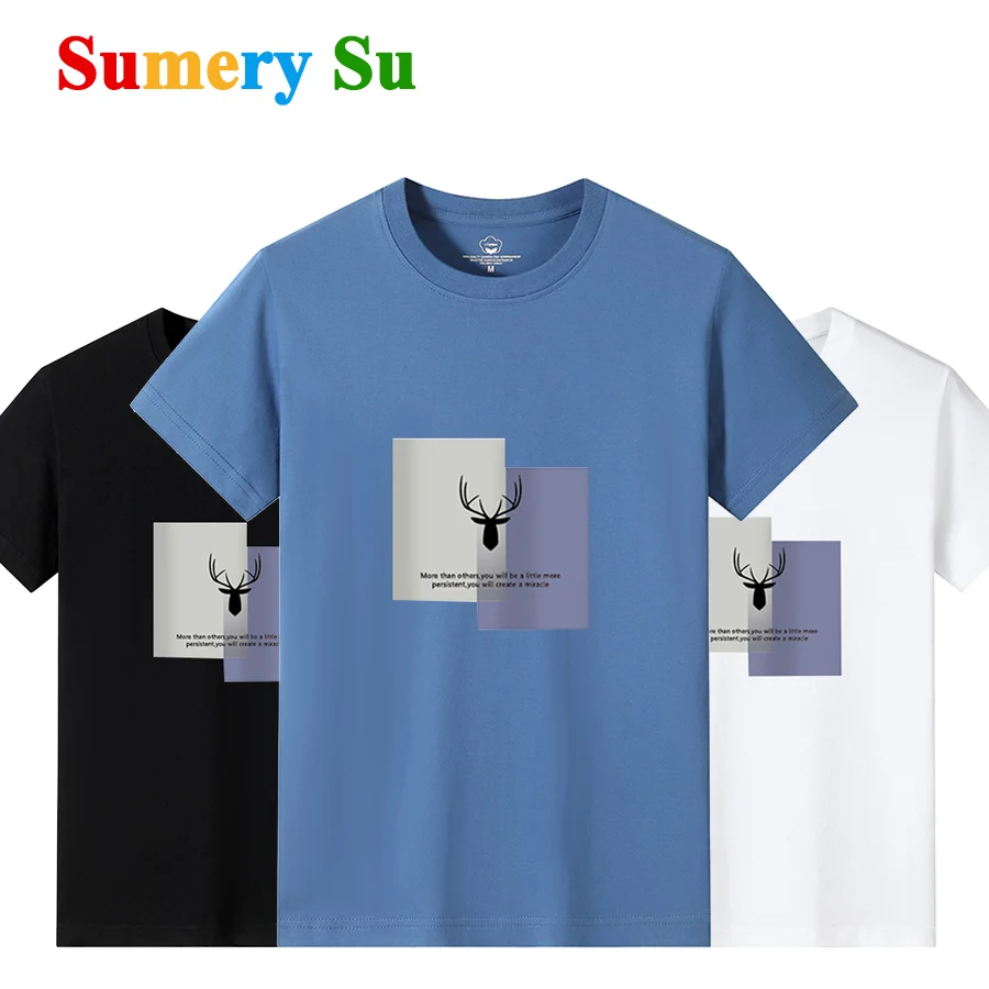 Cotton T Shirts Men Short New Deer Head Print O-Neck Slim T-Shirt Male Clothing Casual Tee Shirt 18 Colors Plus Size M-6XL