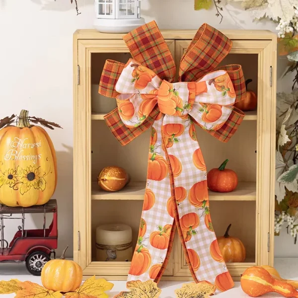 1pcs Large Size Diy Bow Bowknot Fall Halloween Home Interior Outdoor Garden Wreath Decoration Imitation Webbing Bow Pumpkin Bows - Image 2