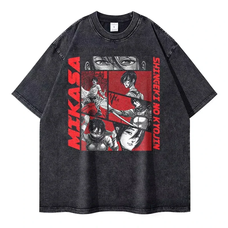 Eren Jaeger 2D T-shirts Vintage Washed Anime T-Titan A-Attack T Shirt Manga Shingeki no Kyojin Levi Mikasa Short Sleeve Tops - Image 2