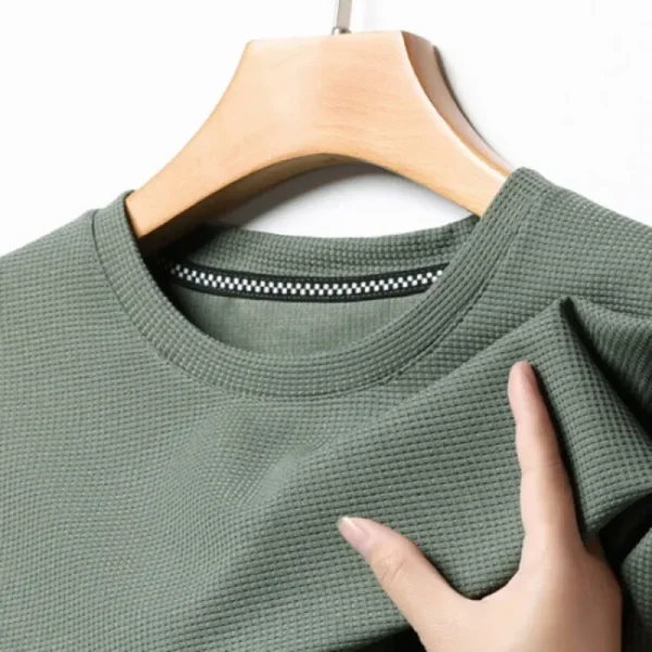 New Summer Waffle Round Neck Short Sleeved T-shirt for Men's Short Sleeved Top - Image 2