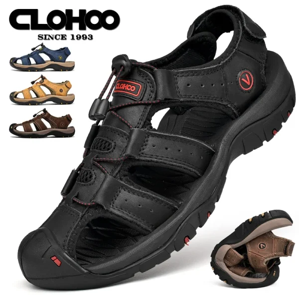 CLOHOO Men's Sandals Handmade Thick Bottom Rubber Breathable Casual Slip-On Beach Shoes Leather Upgraded Version - Image 2