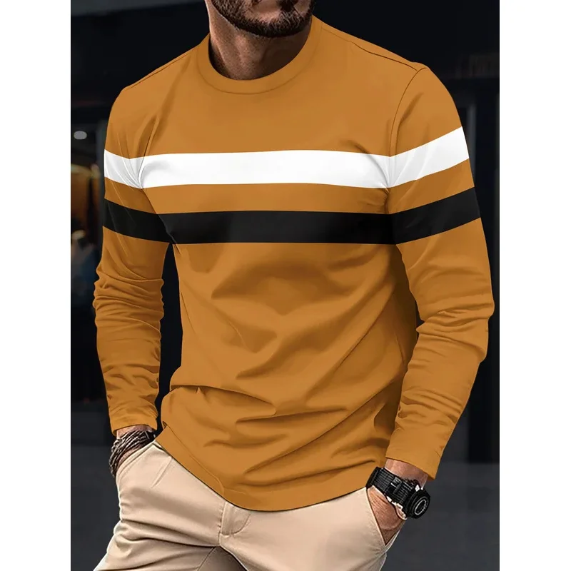 2025 Spring and Autumn Fashion Men's Long Sleeve Round Neck Splicing T-shirt Business Anti Wrinkle Street Wear Casual Top - Image 3