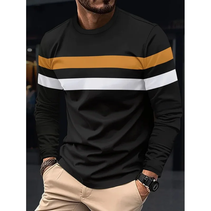 2025 Spring and Autumn Fashion Men's Long Sleeve Round Neck Splicing T-shirt Business Anti Wrinkle Street Wear Casual Top - Image 4