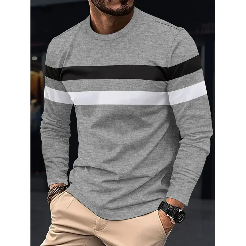 2025 Spring and Autumn Fashion Men's Long Sleeve Round Neck Splicing T-shirt Business Anti Wrinkle Street Wear Casual Top - Image 5