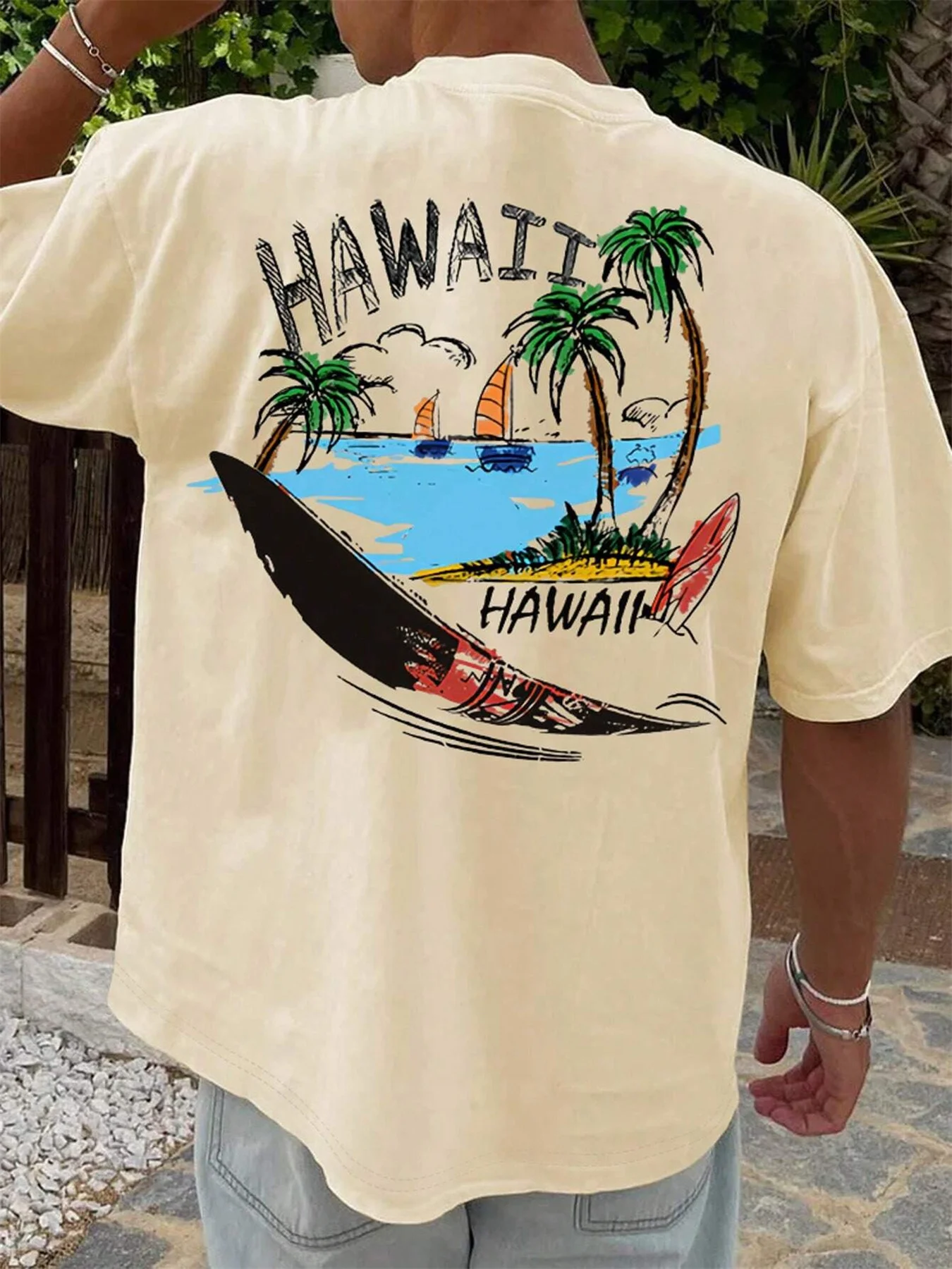 Summer men's 100% pure cotton casual loose size Holiday beach print sports comfortable round neck short sleeved T-shirt top