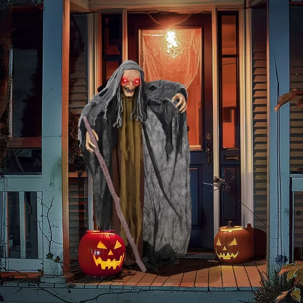5.3FT Halloween Outdoor Spooky Decoration Talking Witch with Cane Glowing Eyes