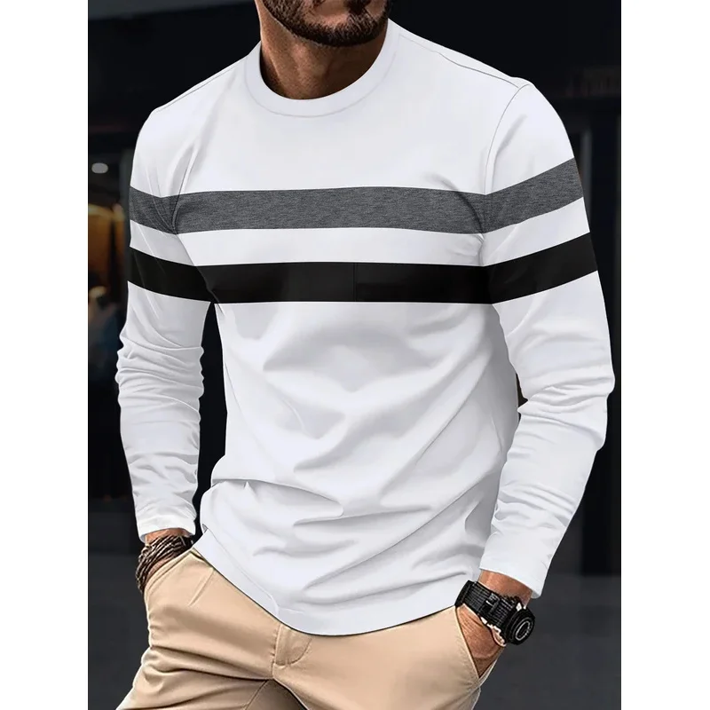 2025 Spring and Autumn Fashion Men's Long Sleeve Round Neck Splicing T-shirt Business Anti Wrinkle Street Wear Casual Top - Image 6