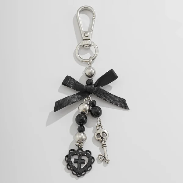 IngeSight.Z New Goth Black Bowknot Keychain Women 2024 Classic Cross Love Heart Key Ring Ladies Halloween Jewelry Gift