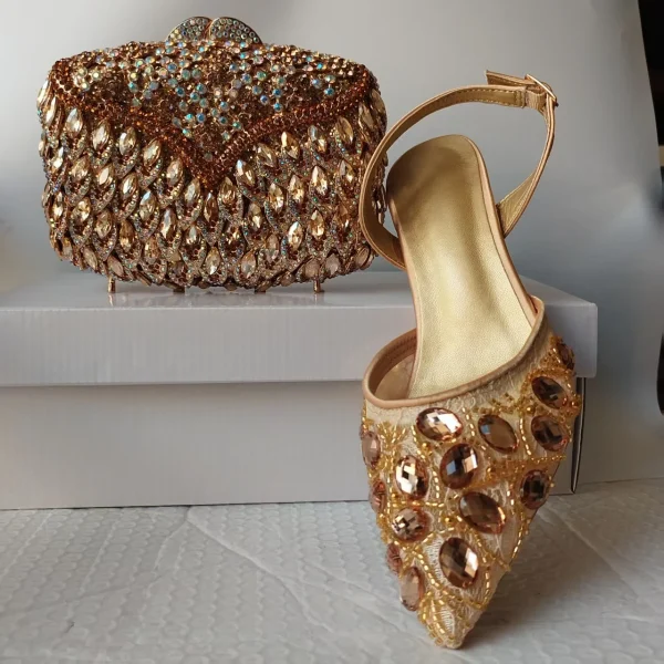 INSIGHTLINK Women Gold Crystals stiletto sandals Gems Shoes and Bag Set Rhinestones high-heeled Bridal Shoes and Clutch Bags