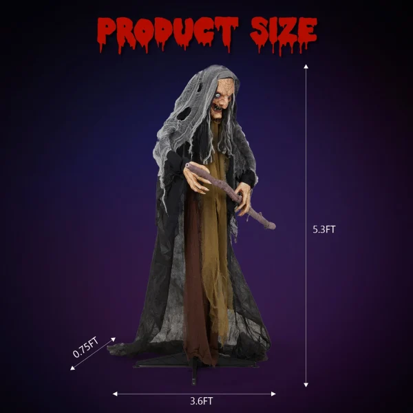 5.3FT Halloween Outdoor Spooky Decoration Talking Witch with Cane Glowing Eyes - Image 4