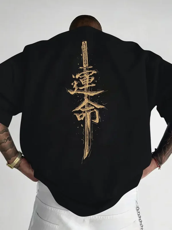 A men's short sleeved T-shirt made of pure cotton with a Japanese samurai sword pattern printed on it, regular style, fashionabl - Image 6