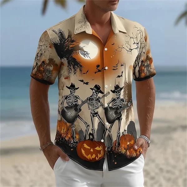 2025 Halloween Men's Theme Shirt Skull Print Button-Up Short Sleeve Dark Punk Gothic Style Holiday Streetwear Summer Edition - Image 2