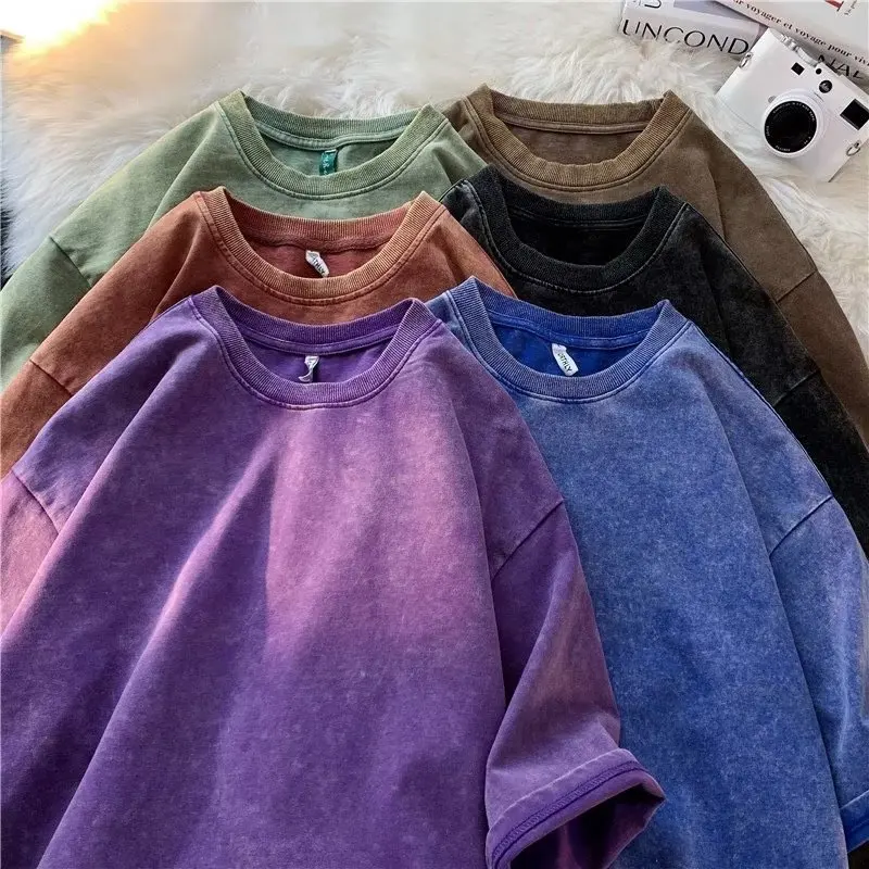 American Style Retro Heavyweight Solid Color Short Sleeved T-shirt Men Women Summer Street Trendy Washed Old Oversized Clothes - Image 6