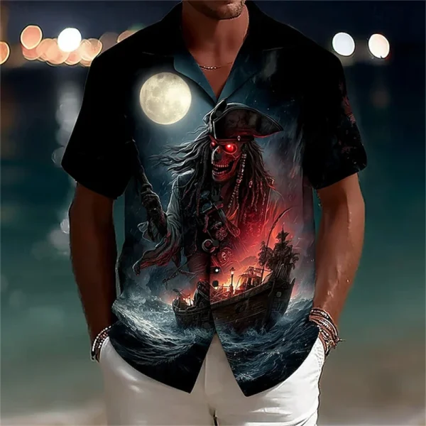 2025 Halloween Men's Theme Shirt Skull Print Button-Up Short Sleeve Dark Punk Gothic Style Holiday Streetwear Summer Edition - Image 3