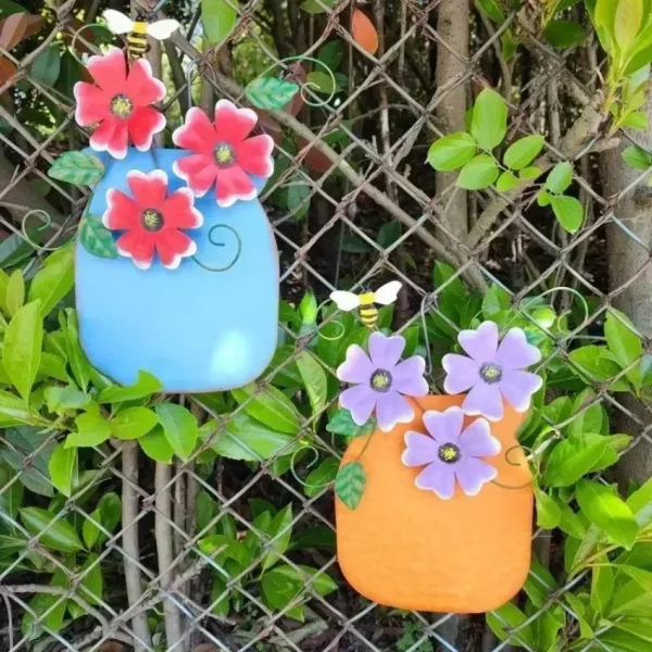 Metal Flower Garden Vases Wall Decor Outdoor Fence Art Patio Sculptures Hanging Decorations for Patio and Garden - Image 3