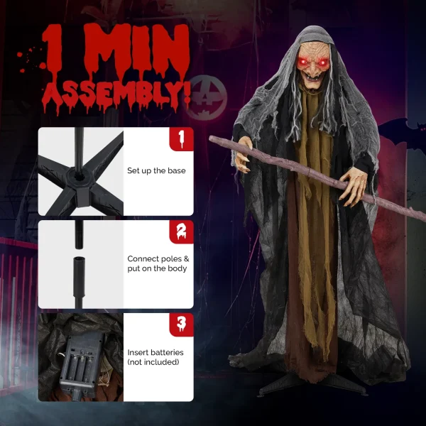 5.3FT Halloween Outdoor Spooky Decoration Talking Witch with Cane Glowing Eyes - Image 5