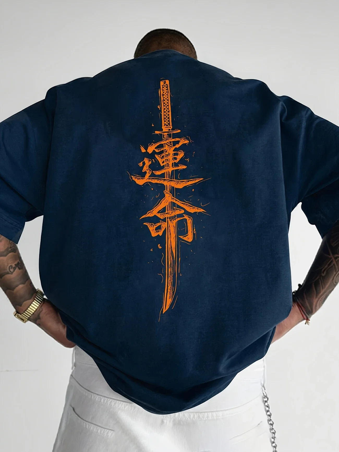 A men's short sleeved T-shirt made of pure cotton with a Japanese samurai sword pattern printed on it, regular style, fashionabl - Image 2